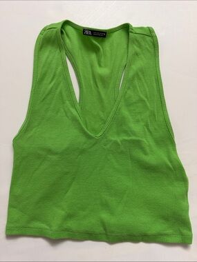 Zara Lime Green Ribbed Deep-V Crop Tank
